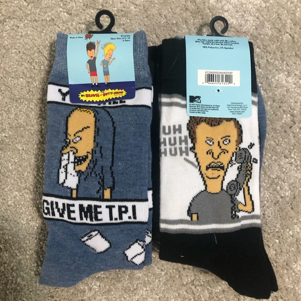 NWT 2 pack Beavis and Butt-head Men’s Crew Socks Sz 6-1/2 - 12